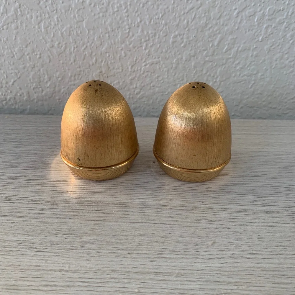 Vintage Napier Egg Shaped Salt Pepper Shakers Gold Tone Brushed‎ Metal MCM